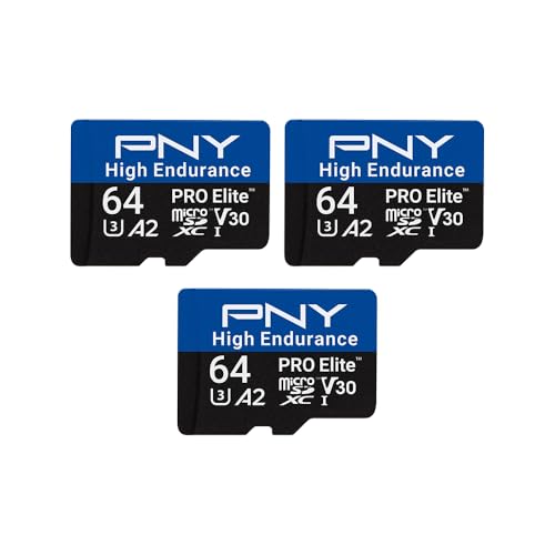 PNY Carte mémoire microSDXC 3x64Go Pro Elite™ High Endurance C10 U3 V30 A2 – Jusqu'à 100 Mo/s en Lecture, 4K UHD, Full HD, UHS-I, Surveillance, Enregistrement continu, caméra embarquée