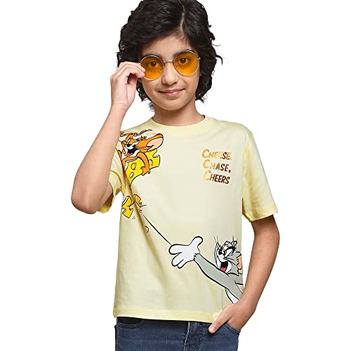 Image of Kidsville Tom & Jerry Printed Regular Fit Yellow Cotton Boy's T-Shirt