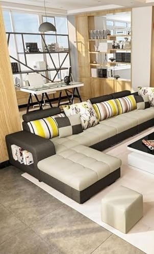 Image of Torque - Allister U Shape 12 Seater Sofa Set for Living Room (Left Side, Beige & Brown) | U Shaped Sofa Couch with 4 Puffy for Hall Guest Room | 1 Years Warranty