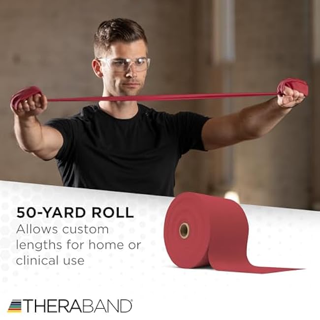 THERABAND Resistance Band, Red, Medium, 50-Yard Roll, Latex-Free, Elastic Band for Exercise, Physical Therapy, Yoga, Pilates, Stretching, Home Workouts, Cut-to-Length, Color-Coded Levels