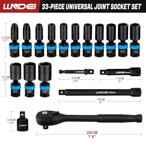 Image of LLNDEI 3 /8 inch Drive Swivel Socket Set, 19PCS Deep Universal Impact Socket Set, Metric(8mm-22mm) Premiun Wobble Socket Set, CR-MO Steel,3 inch& 6 inch Extension Bar