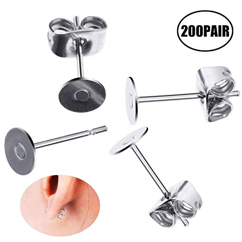 LEEQ 200 Piezas (100 Pares) Postes de Pendientes de Acero Inoxidable Almohadilla Plana con Tuercas de Pendientes de Mariposa para Accesorios de Fabricación de Pendiente (Plateado)