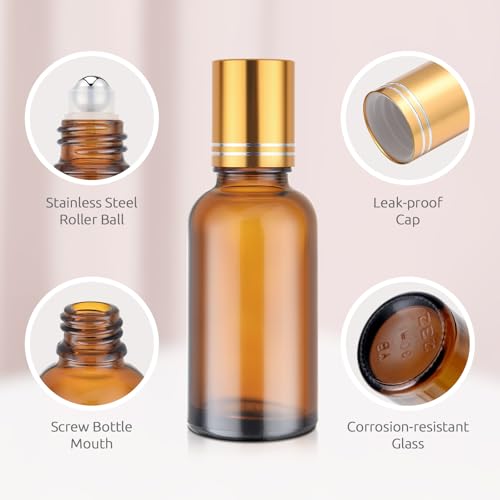 30ml Glass Roller Bottles 4-Pack, Refillable Roll-On Bottles for Essential Oils, Perfume, and DIY Blends with Stainless Steel Rollers-Amber, Golden Cap3