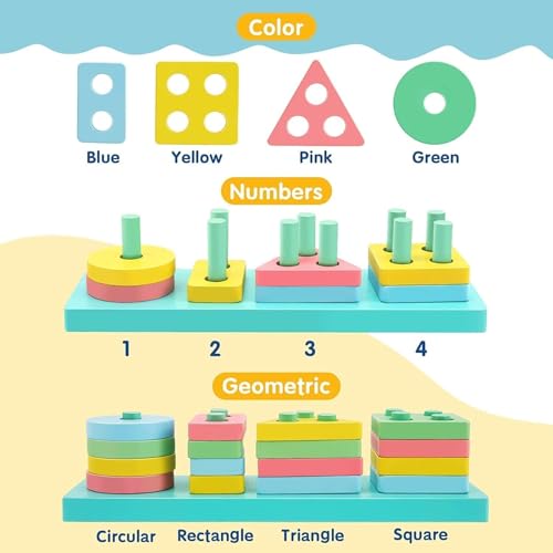 Image of SHINETOY ENTERTAIN KIDS Montessori Toys for 1-3 Year Old Boys Girls Toddlers, Wooden Sorting & Stacking Toys for Kids Preschool, Educational Building Blocks, Color Recognition Stacker Shape, 16 pcs