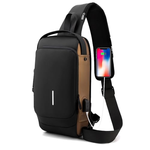 New Carbon Fiber Streamline Anti-Theft Sling Bag, Waterproof USB Charging Sport Sling Anti Theft Shoulder Backpack (Black Gold)