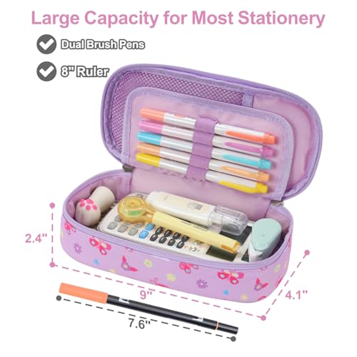 Image of Cute Kids Pencil Case - Girls Pen Pouch Large School Organizer | Pen Bag & Smooth Zipper, Multi-Slot Storage, Mesh Pocket, 900D Water Resistent, Giftable School Supplies, Purple Butterfly