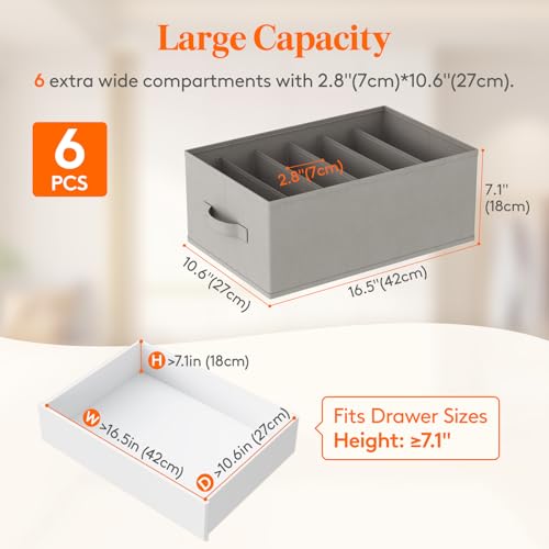 Lifewit 6 Pack Clothes Organizer, 6 Grids Closet Jean Storage Bins with Handles and Support Boards, Foldable Drawer Organizer for Sweater, Pants, T-shirt, Dress, Grey, Size 16.5''x10.6''x7.1'' - Image 3