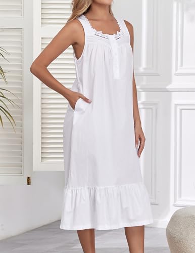 100% Cotton Nightgowns For Women Sleeveless Night Gown Long Sleep Dress With Pockets3