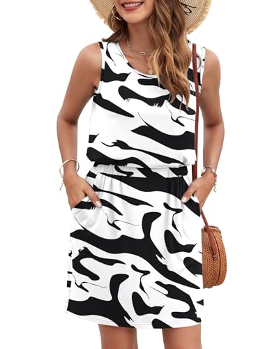 Image of AUSELILY Women Summer Dress 2025 Casual Sleeveless Sundress Crew Neck Beach Short Dresses with Pockets