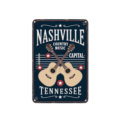 Nashville Country Music Guitars Tin Sign, Vintage Tennessee Music City Metal Sign Print Aesthetic Room Decoration for Home Bedroom Kitchen Bar Dorm Bathroom Wall Decor 8 x 12 Inch