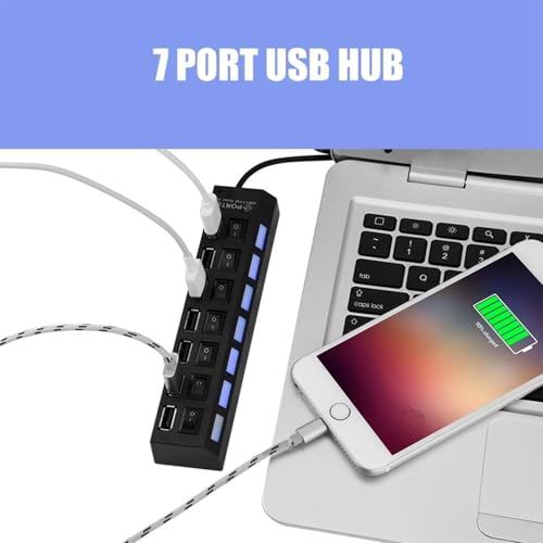 Image of BETSU 7-Port USB 2.0 Hub with Individual Power Switches and LED Indicators, USB Splitter for Laptop, PC, Keyboard, Mouse, Mobile HDD and Flash Drive (Black)