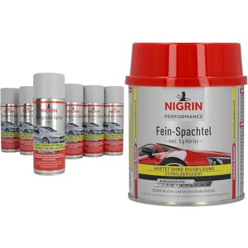 NIGRIN Haftgrund, 6 x 400 ml Sprühdose, für die Grundierung von Oberflächen vor dem Lackieren, grau & Performance Fein-Spachtel, härtet ohne Rissbildung, glättet Kratzer und Unebenheiten
