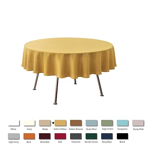 Image of maxmill Round Textured Tablecloth Spill-Proof Wrinkle Free Soft Jacquard Table Cloth for Circular Table Cover, for Dining Room Buffet Banquet Parties Holiday Dinner, 70 Inch, Ochre Yellow
