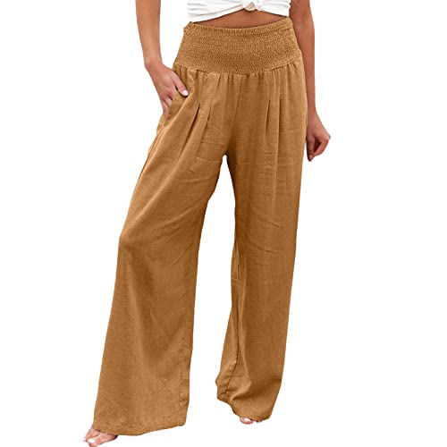 Angebote Des Tages Heute Deal,Brown,Damen Hose Leinenhose Baumwolle Leinen Stoffhose Freizeithose Sommerhose Pumphose Casual Einfarbig High Waist Stretch Mit Taschen Kleidung Sommer Hosen,Xl