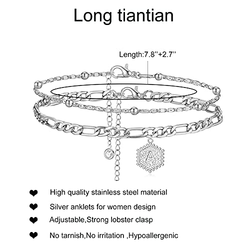 T Silver Initial Anklet For Women Layered Beaded Hexagon Letter Ankle Silver Cuban Link Anklet Bracelet For Women Men Dainty Letter Name Ankle For Teen Girls ((Silver T) #TOP3