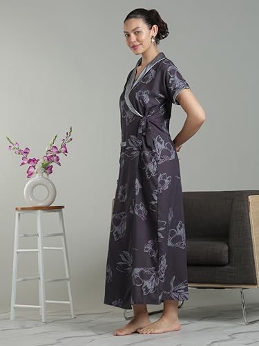 Image of 9shines Label Stylish Cotton Nighty Robe for Women | Front Open Floral Housecoat | Wrap Nighty with Pocket | Adjustable Waist Tie | Plus Size Housecoat (9SHC-PM-L)
