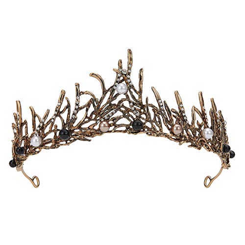 SWEETV Gothic Crown Goth Tiara, Black Tiaras and Crowns for Women Girls, Bronze Costume Headpiece for Wedding Birthday Party Cosplay Halloween with Pearl