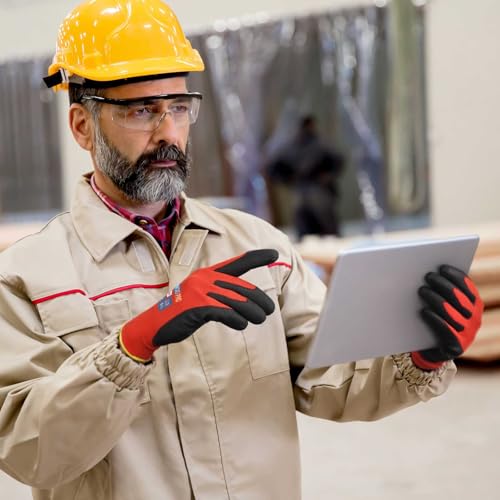 Image of KAYGO Work Gloves PU Coated for Men and Women, 12 Pairs Safety Work Gloves with Two Fingers Touchscreen, Breathable and Lightweight,Ideal for Light Warehouse, Manufacturing, Gardening, KG11P (S, Red)