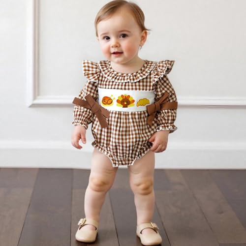 My First Thanksgiving Baby Girl Outfit Newborn Turkey/Pumpkin Smocked Bubble Romper Bodysuit Cute Halloween Clothes2