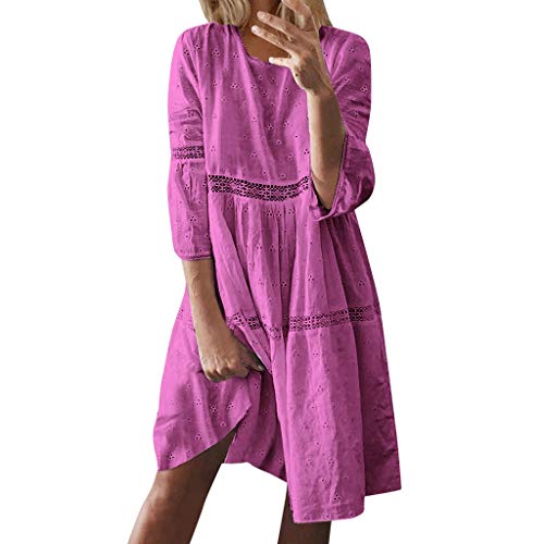 HIRIRI Women T Shirt Dress Loose Boho 3 4 Long Sleeve Hollow Out Splice O Neck Elegant A Line Midi Dress Purple