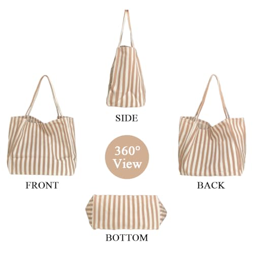 Image of Striped Canvas Tote Handbag for Women Vertical Stripe Large Capacity Shoulder Bag for Shopping Travel