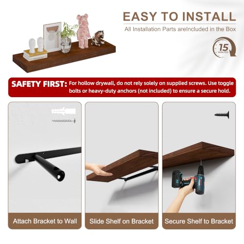 Image of 48 Inch Floating Shelves, Set of 2 Deep Floating Shelves 12in Depth, Floating Shelves Long Heavy Duty Wood Shelves for Wall, Solid Wood Walnut Finish