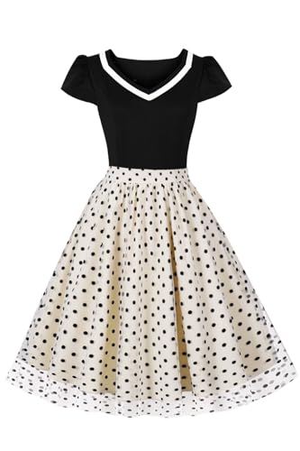 AXOE Damen Rockabilly Kleider Festliche Rock n Roll Tüllkleid A Linie Cocktailkleid Hochzeitsgast Beige Schwarz Polka Dots F03, Gr.44, XXL