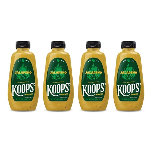Image of Koops' Jalapeno Mustard - Spicy Gourmet Mustard, Gluten-Free, Kosher, Made in USA, From Quality Mustard Seeds, Hot Mustard Sauce - 12 Oz, Pack of 4