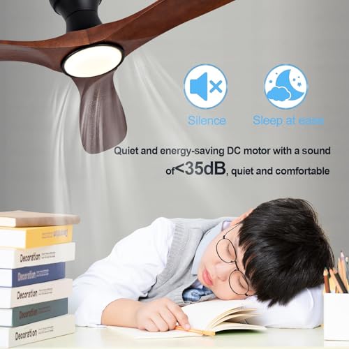 Image of 52 Inch Wood Flush Mount Ceiling Fans with Lights and Remote, Dimmable 3 Blade Wood Bedroom Ceiling Fan with Lights Low Profile Ceiling Fans with Light Outdoor Ceiling Fan for Patios Bedroom