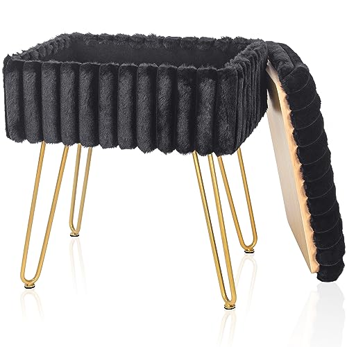 BQKOZFINRectangle Vanity Stool Chair Faux Fur with Storage Space, Ottoman Footrest Stool with Metal Legs, Comfy Vanity Chair Entryway Bench Makeup Stool, Furry Seat for Bedroom, Living Room (Black)