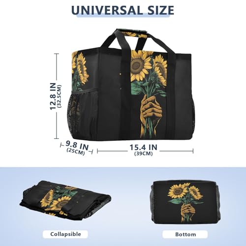 Large Waterproof Travel Tote Bag for Women Men, Hand Flower Sunflowers Canvas Beach Bag with Lining & Pockets - Reusable Grocery/Laundry/Kitchen/Pool/Picnic Tote (15.4x9.8x12.8in)3