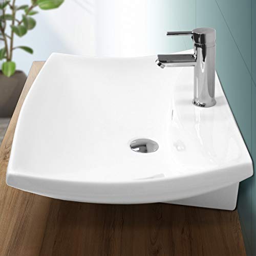 ECD Germany Lavabo sobre encimera Rectangular con Agujero desagüe cerámica - Blanco - Aseo lavamanos - 605x460x165 mm - diseño Elegante - Fregadero sin desbordamiento Pila para el Cuarto de baño
