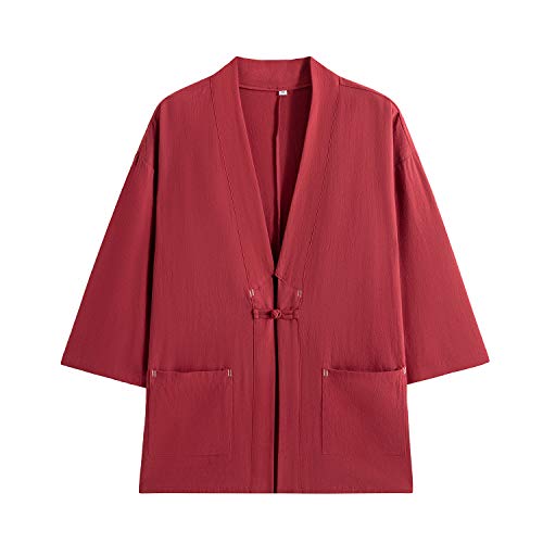 Image of Mens Japanese Kimono Cardigan Cotton Linen Haori Fashion 3 /4 Sleeve Yukata | Shawl Collar Kimono Jacket Robe Embroidery Patchwork Happi Coat Tie Pockets Lightweight Outerwear Daily Casual All Seasons