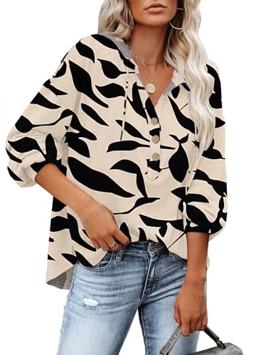 PLOKNRD Kapuzenpullover Damen Langarm Knöpfen Pullover mit Kordelzug Freizeit V-Ausschnitt Hooded Henley Sweatshirt Klassisch Schwarze Aprikosenblätter M