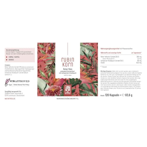 NATURTREU® Rubinkorn - Roter Reis Komplex abgerundet mit schwarzem Knoblauch Extrakt - 2,9 mg Monacolin K pro Tagesdosis - mit Cholin für normale Leberfunktion - Fermentierter Roter Reis - 120 Kapseln