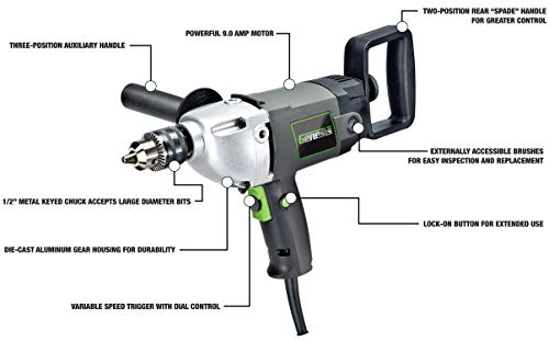 Genesis GSHD1290 1/2 Inch 9.0 Amp Electric Drill Variable Speed Electric Mud Mixer Drill With Lock-On Button, Three-Position Auxiliary Handle thumb #1