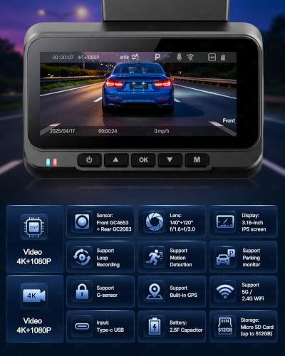 Image of Front and Rear Dash Cam, 4K+1080P Dual Dash Camera Quick Video Access 15-Min Install Record Every Mount, Ultra-Precise 2 Channel HDR