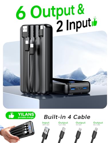 Image of Portable Charger,50000mAh Power Bank Built-in Cable, 22.5W PD USB C In & Out Fast Charging, External Battery Pack with 6 Output & 2 Input, Travel Camping Essential for iPhone 17 /16 /15 /14 /13 /12(Onyx)