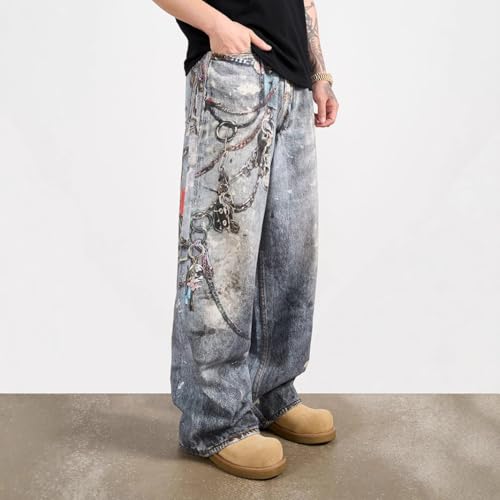 BXCNCKD Men's Retro Chain Printed Wide Leg Pants Y2k Street Trend Pants Mens Jeans Relaxed fit2