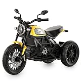 OCIE Kids Electric Ride On Motorcycle Ducati Scarmbler ICON 12V Battery 3 Wheels Motorbike with Music LED Light High/Low Speed (Yellow)