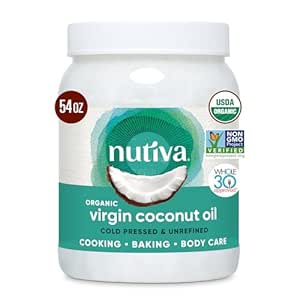 Nutiva Organic Coconut Oil 54 fl oz, Cold-Pressed, Fresh Flavor for Cooking, Natural Hair, Skin, Massage Oil and, Non-GMO, USDA Organic, Unrefined Extra Virgin Coconut Oil (Aceite de Coco)