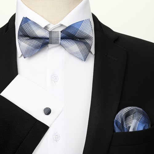 Image of HISDERN Mens Plaid Bow Tie Set Pocket Square and Cufflinks Bowtie | Pretied Bowties Design for Easy Wear,Check Pattern,Matching Handkerchief Cuff Link,3PCS Set Wedding Formal Party Groom Prom