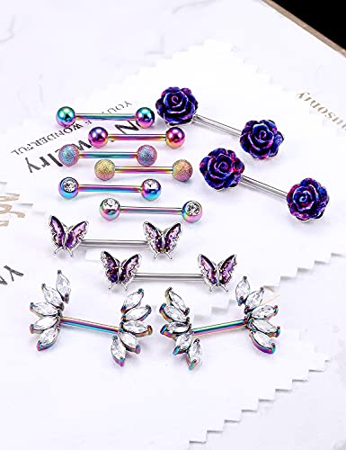 Vsnnsns 14G Nipple Rings Butterfly & Flower Piercing Jewelry - Surgical Steel, Cubic Zirconia, Silver, Black, Rainbow, Rose Gold3