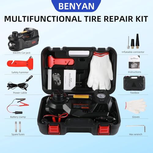 Image of Electric Jack BENYAN 5 Ton Car Floor Jack Kit with Inflator Pump | 12V Portable Car Hydraulic Jack with LED Light for SUV MPV Sedan | Lifting Height Range 6 to 17.7 Inch Black