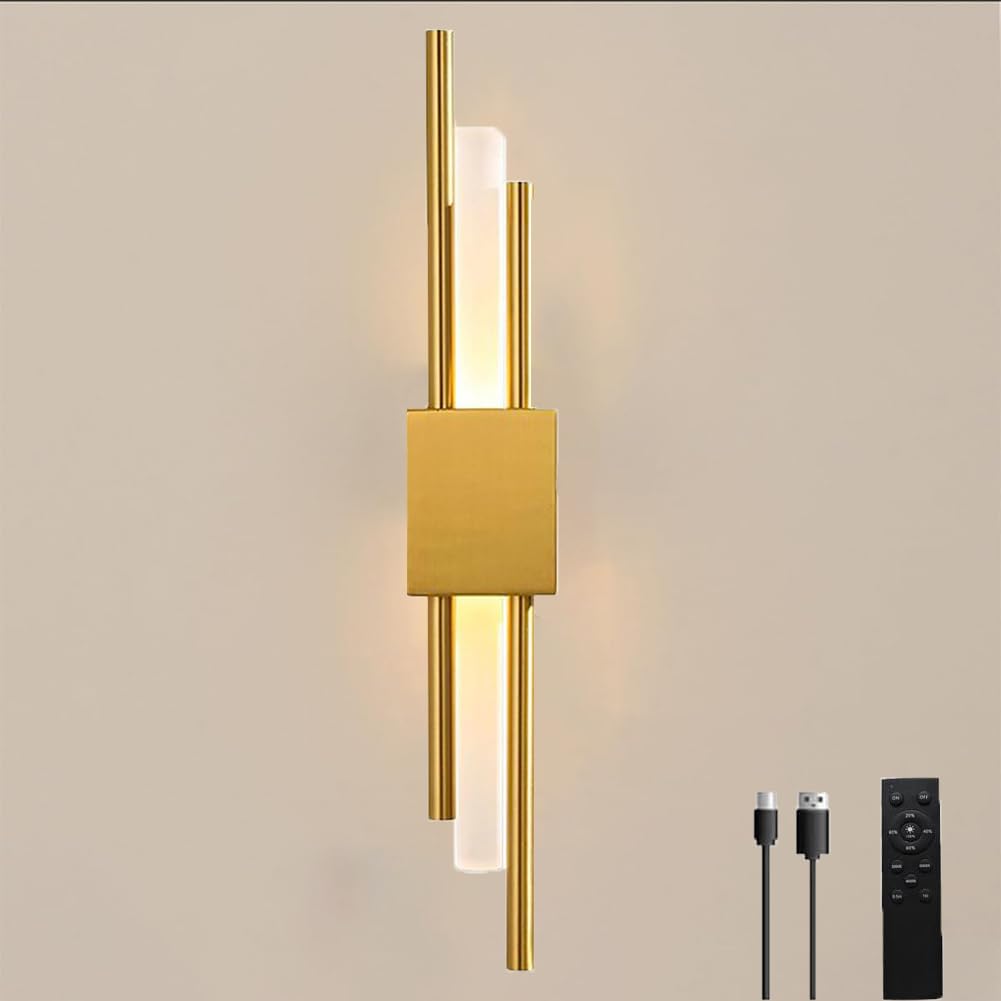 Aplique LED Inalámbrico para Interior Aplique Dorado sin Conexión Eléctrica Alimentado por Batería Recargable Iluminación de Pared Regulable con Mando a Distancia e Interruptor Táctil,L
