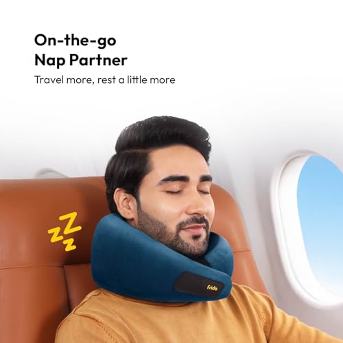 Image of Frido Travel Neck Pillow, 100% Hi-Per Foam, Lightweight Neck Support Pillow, Neck Pillow for Flight Travel, Memory Foam Car Neck Pillow, Adjustable Velcro Straps, Free Travel Pouch (Sapphire Blue)