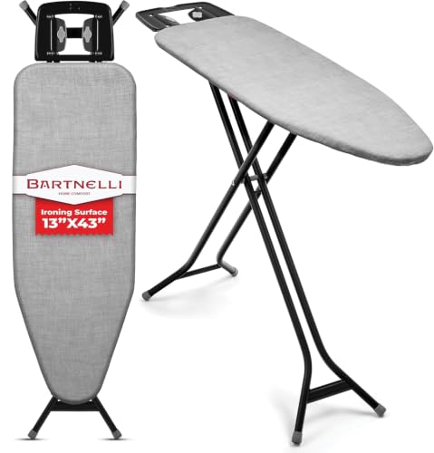 Image of Bartnelli Extreme Stability Ironing Board 43x13 Upgraded Heavy-Duty Metal Frame & Iron Rest, Height Adjustable, Foldable, 4 Non-Skid Feet, 100% Cotton Cover, Made with Patent European Engineering