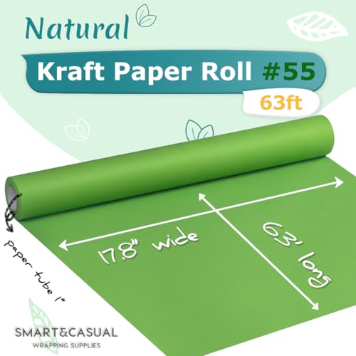 SMART&CASUAL 17.8" x 760" (63') Medium Green Kraft Craft Paper Roll for Gift Wrapping Bulletin Board Bouquet Flower Kids Art Packing Parcel Table Covering 80GSM 55LB (Medium Green, 17.8" x 63')