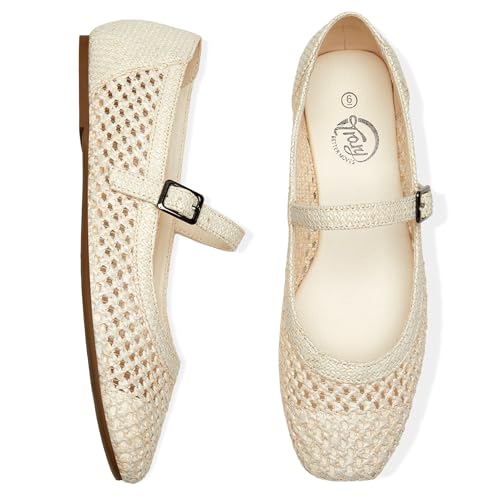 Image of Trary Mary Jane Shoes Women Woven Flats for Women Dressy Ballet Flats Squared Toe Mary Jane Flats Shoes