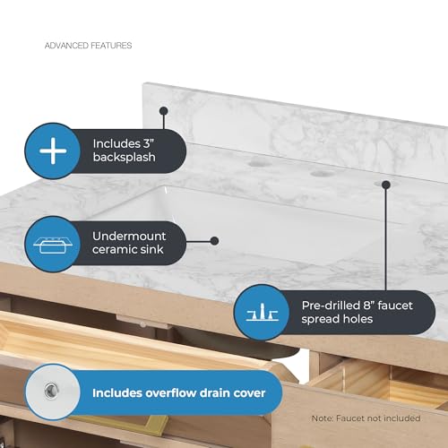 Image of OVE Decors Athea 36 in. Single Sink Freestanding Sahara Birch Bathroom Vanity with White Engineered Marble Top, Matching Backsplash, Power Bar and Brushed Gold Hardware